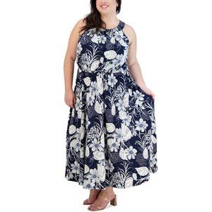 ROBBIE BEE Plus Size Jersey Halter-Neck Maxi Dress Navy 3X